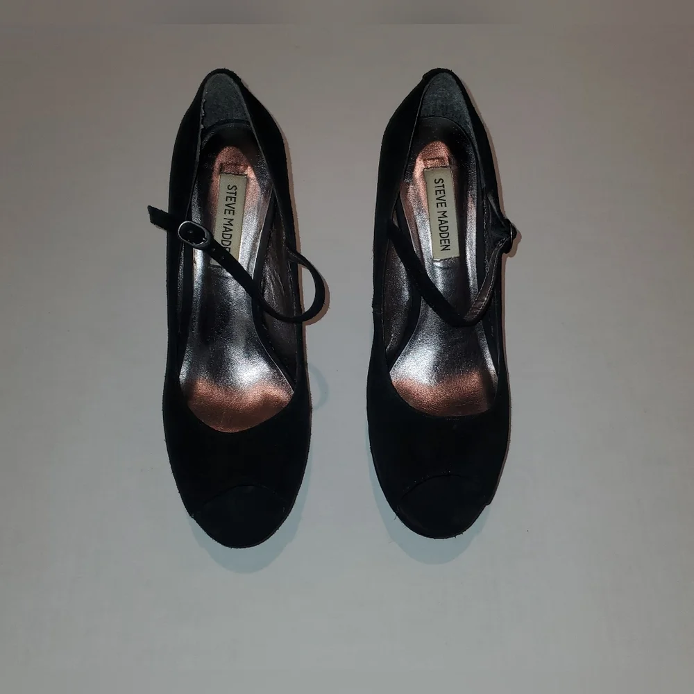 Steve Madden Sofiaa Suede Black Wedge Peep Toe Shoes Sz 10